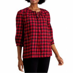 Style & Co Womens Red Metallic Plaid 3/4 Sleeve Button Placket Shirt Size M